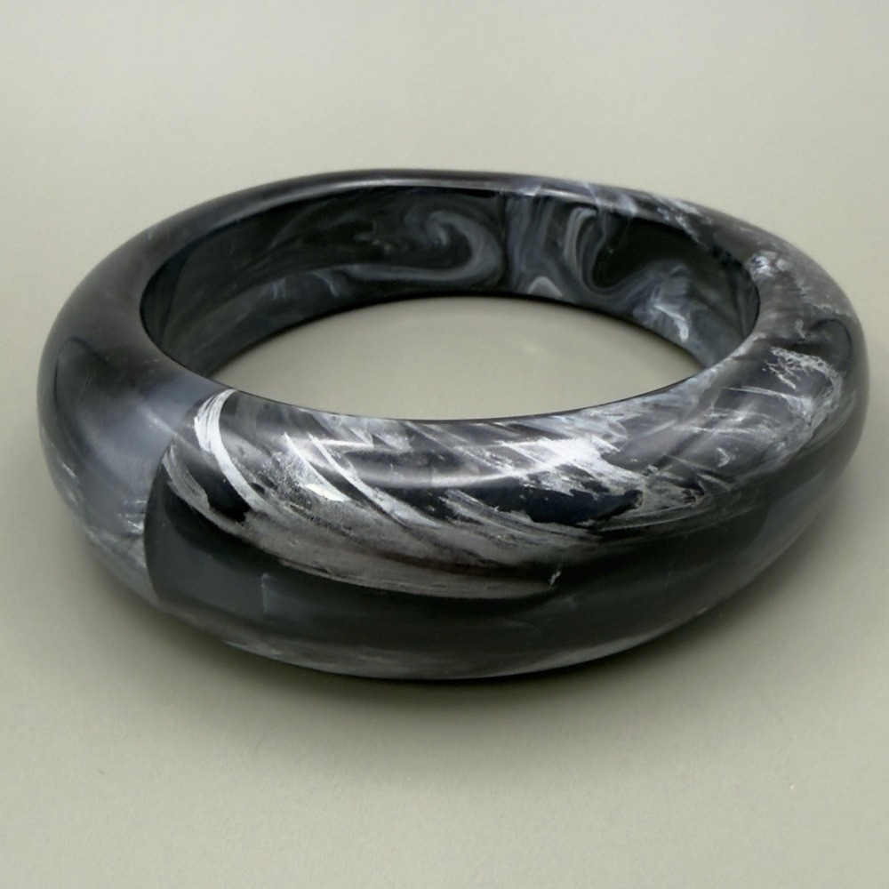 Vintage Marbled Black Gray Acrylic Bangle Bracelet Sculptural Chunky Wide